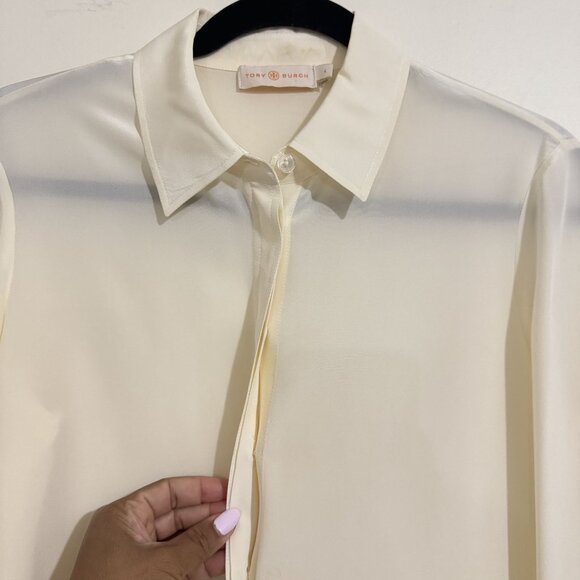Tory Burch Women's White/Cream 3/4 Bell Sleeve Silk Button Front Blouse Size 4 - Picture 3 of 8